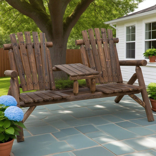 Tatayosi Wood Adirondack Patio Chair Bench with Center Coffee Table; Perfect for Lounging and Relaxing Outdoors Carbonized