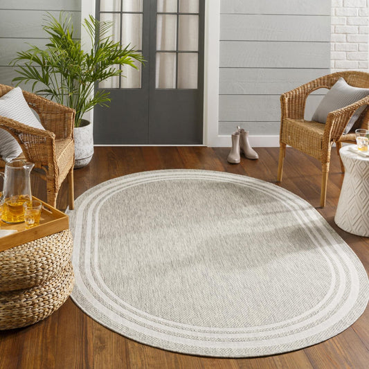 Livabliss Eagean 8 x 10 (ft) Flatweave Light Grey Oval Indoor/Outdoor Border Oriental Pet Friendly Area rug