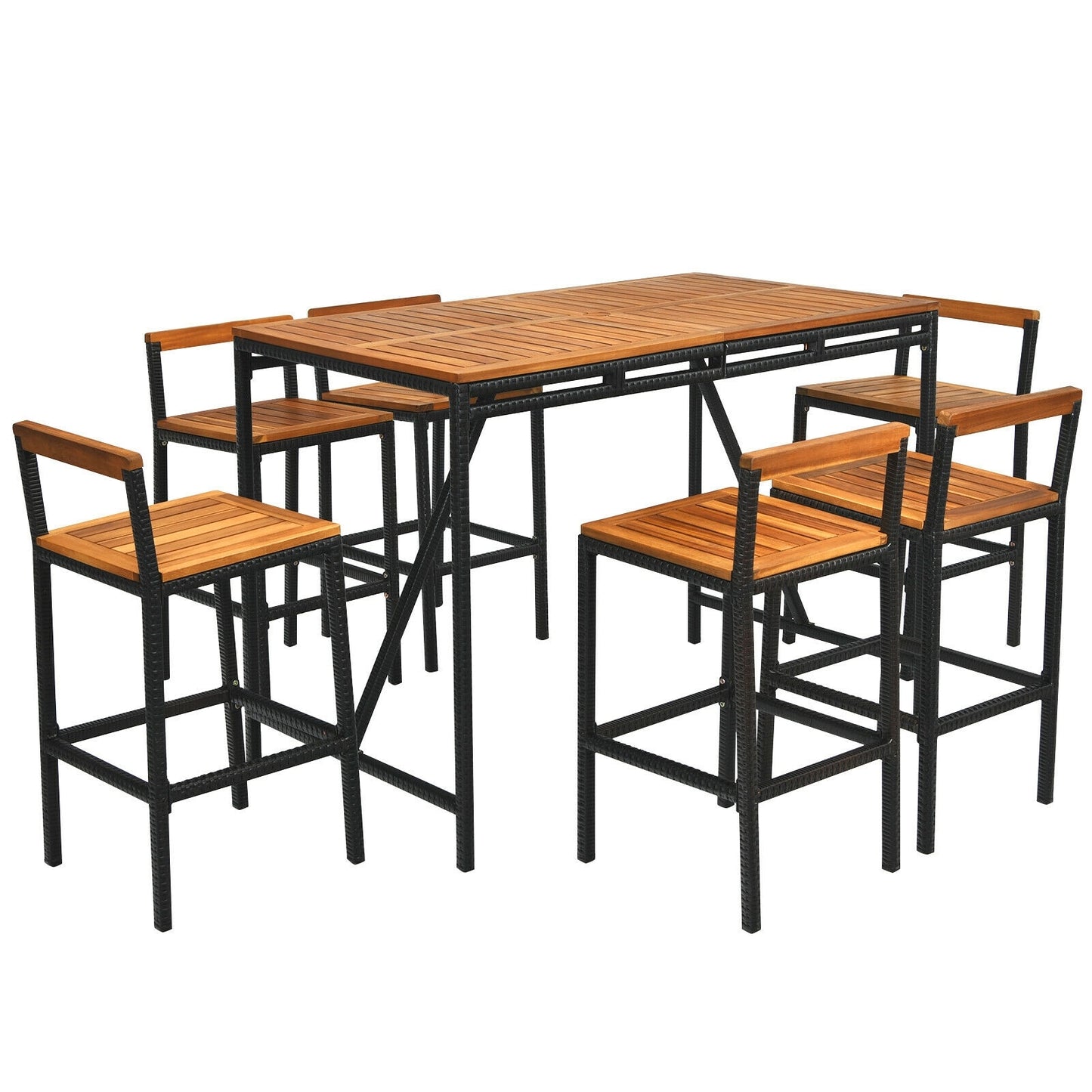 Slickblue 7-Piece Acacia Wood Patio Bar Set with PE Rattan Table and 6 Stools with Umbrella Hole for Patio Backyard Garden or Poolside