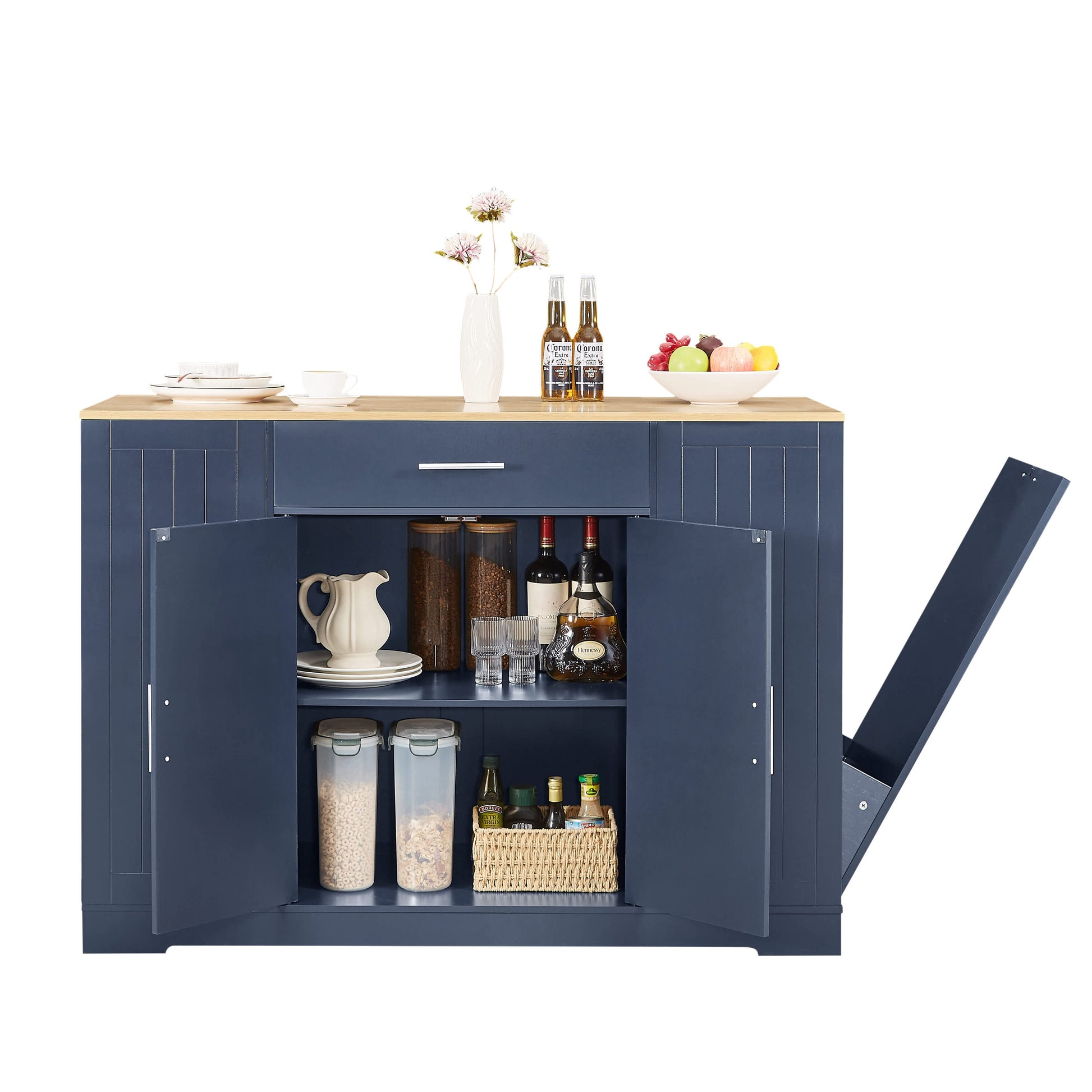 Vynxaria  53in Kitchen Storage Island   Tilt Out Trash Cabinet  Fits 13 Gallon Can   Drawers  Barn Door Spice Rack Blue