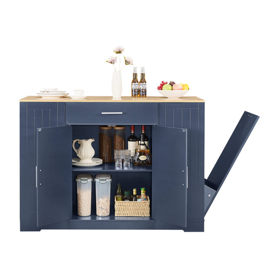 Vynxaria  53in Kitchen Storage Island   Tilt Out Trash Cabinet  Fits 13 Gallon Can   Drawers  Barn Door Spice Rack Blue
