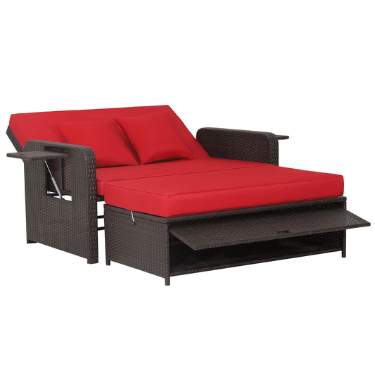 Slickblue Patio Rattan Outdoor Daybed with Navy/Red/Black Cushions Included and Metal Frame â€“ 4-Level Adjustable Backrest and Retractable Side Tray â€“ Perfect for Backyard