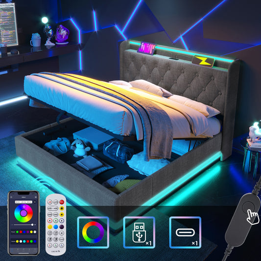 LOVMOR Queen size Upholstered bed 360 surround LED function hydraulic storage bed with USB Type C charging Gray Linen