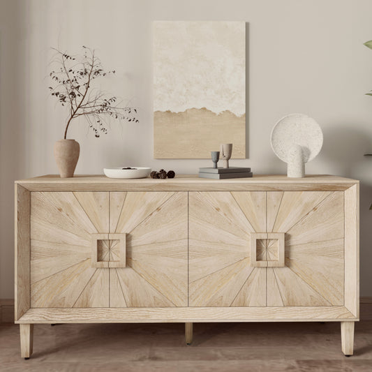 LOVMOR 60 inches Premium Rustic American Farmhouse Credenza Symmetrical Sunburst Door Design Heavy Duty Antique Wood TV Stand with Adjustable Shelves Storage Cabinet for Living Room Kitchen Antique Natural
