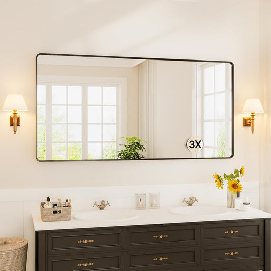 Qeetex Black Metal Framed Bathroom Mirror for Wall Rounded Rectangle Mirror Matte Black Bathroom Vanity Mirror Environmentally Friendly Resin Mirror Anti-Rust