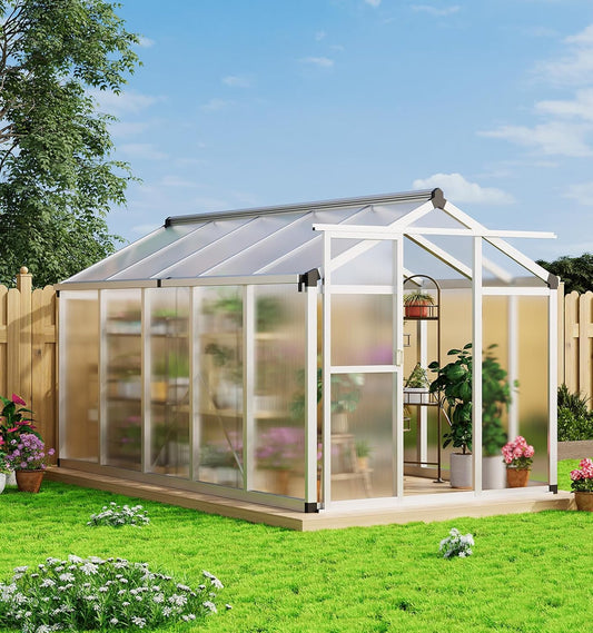 Qeetex 6x10 FT Greenhouse Large Aluminum Greenhouses for Outdoors Heavy Duty Polycarbonate Greenhouse with Roof Vent Walk-in Green Houses for Winter Garden Backyard Patio Lawn Easy Assembly