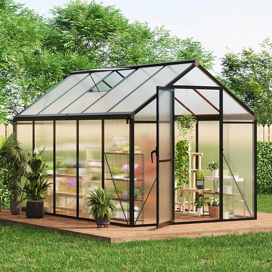 Qeetex 6x10 FT Greenhouse for Outdoors Polycarbonate Greenhouse with Roof Vent Ground Nails Lockable Push Door Aluminum Large Walk-in Green House for Outside Garden Backyard Patio Lawn Black