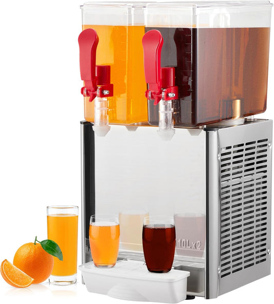 Qeetex Commercial Beverage Dispenser with 2 Tanks 10 Liters Each 5.28 Gallon Total Capacity Stainless Steel Food Grade Juice Dispenser with Built In Mixer Infuser Refrigerated System Thermostat Control Durable and Easy to Clean