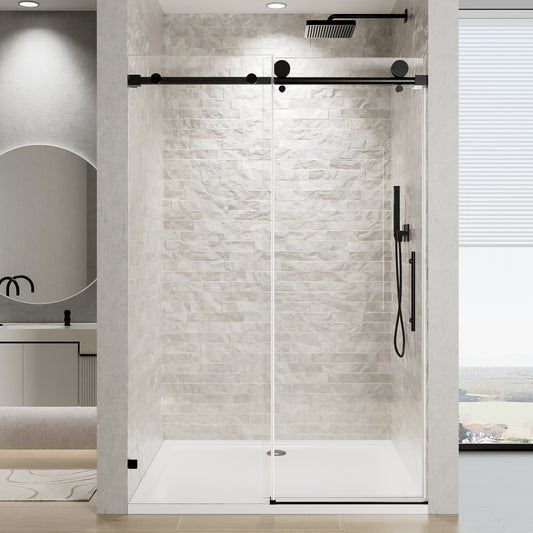 LOVMOR 60 W x 76 H Frameless Single Sliding Soft Close Matte Black Shower Door with 5 16 8mm Clear Nano Coated Tempered Glass and Stainless Steel Handle
