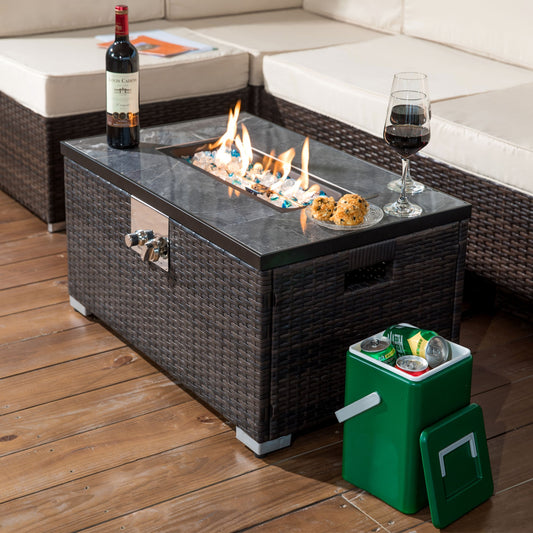 LOVMOR 32 inch Propane Gas Fire Pit Table 50000 BTU Rectangular Fire Pit Tile Tabletop with Beautiful Wicker Base for Outside Patio Deck Garden Courtyard Brown