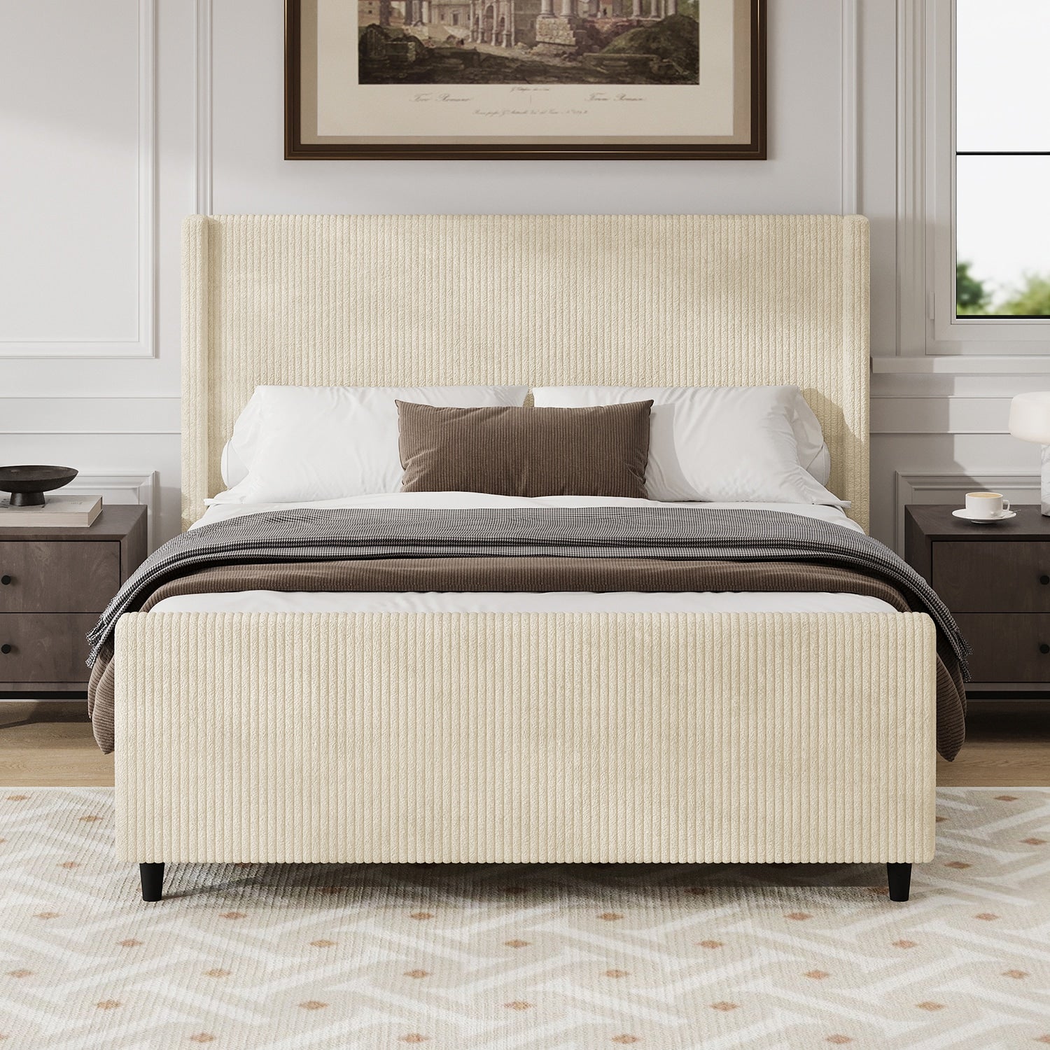 GZMR King Cream Metal Bed Frame with Headboard