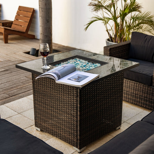 LOVMOR 30 inch Propane Gas Fire Pit Table 50000 BTU Square Fire Pit Tile Tabletop Wicker Base for Outside Patio Deck Garden Courtyard Brown