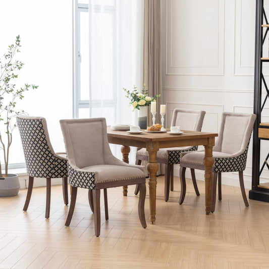 Maison Boucle Set of 4 Beige Patterned Upholstered Dining Chairs with Bronze Nailhead Trim Wood Legs for Kitchen
