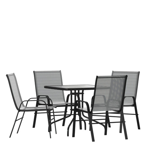 Flash Furniture Brazos 5 Piece Outdoor Patio Dining Set - 31.5-in Square Tempered Glass Patio Table; 4 Gray Flex Comfort Stack Chairs
