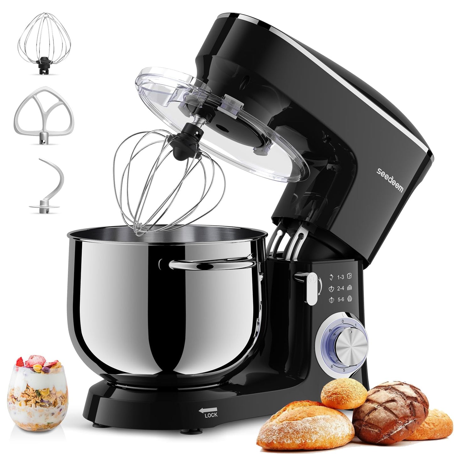 8.5 Qt Stand Mixer, 660W 6+P Speeds Electric Stand Mixer, Tilt-Head Kitchen Mixer with Dishwasher-Safe Dough Hook, Wire Whip & Beater for dough mixer Baking Daily Use, Black