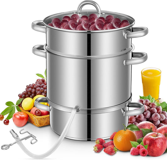 8.5Qt Steam Juice Extractor, Stainless Steel Steam Juicer for Canning Fruit & Vegetables with Glass Lid, Hose, Clamp, Loop Handles, Ideal for Making Fresh Juice, Jelly, and Sauces