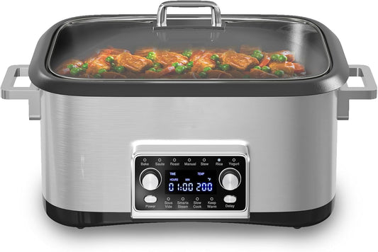 8 Quart 12-IN-1 Multi Cooker, Digital Programmable Slow Cooker with LED Display & Timer, 1250W Rice Cooker with Nonstick Inner Pot for Bake, Saute, Roast, Stew, Sous Vide, Dishwasher Safe, Silver