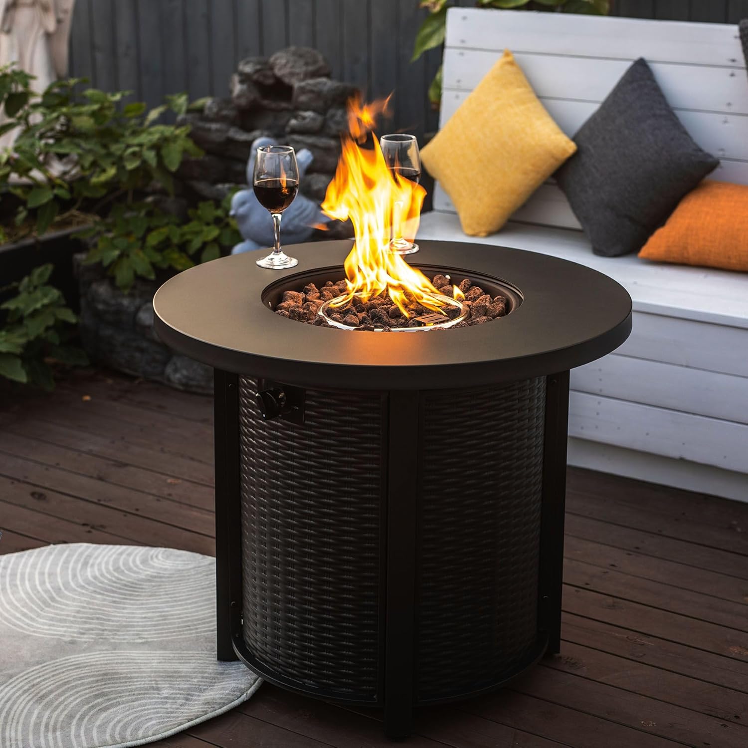 30-Inch Round Propane Fire Pit Table – 50,000 BTU Heat Output, Durable Iron Construction, Electronic Ignition, Includes Lid, Glass Stones, and Rain Cover – Ideal for Outdoor Patio, Deck, and Courtyard