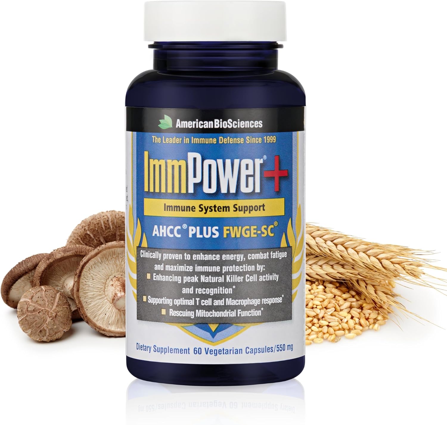 American BioSciences ImmPower Plus, AHCC & Fermented Wheat Germ Extract Herbal Supplement, 550mg per Capsule for Immune Support, Maintains Natural Killer Cell Activity, Pack of 1, 60 Veggie Capsules