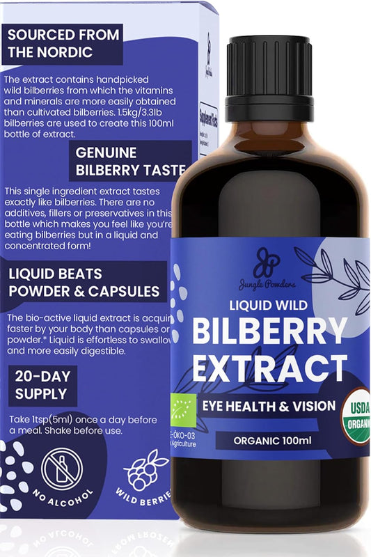 Jungle Powders Wild Bilberry Extract for Eyes USDA Organic 3.4oz Bottle of Liquid Bilberry Anthocyanin Alcohol-Free European Blueberry Bilberry Supplement for Eyes High Bioavailability Liquid Extract