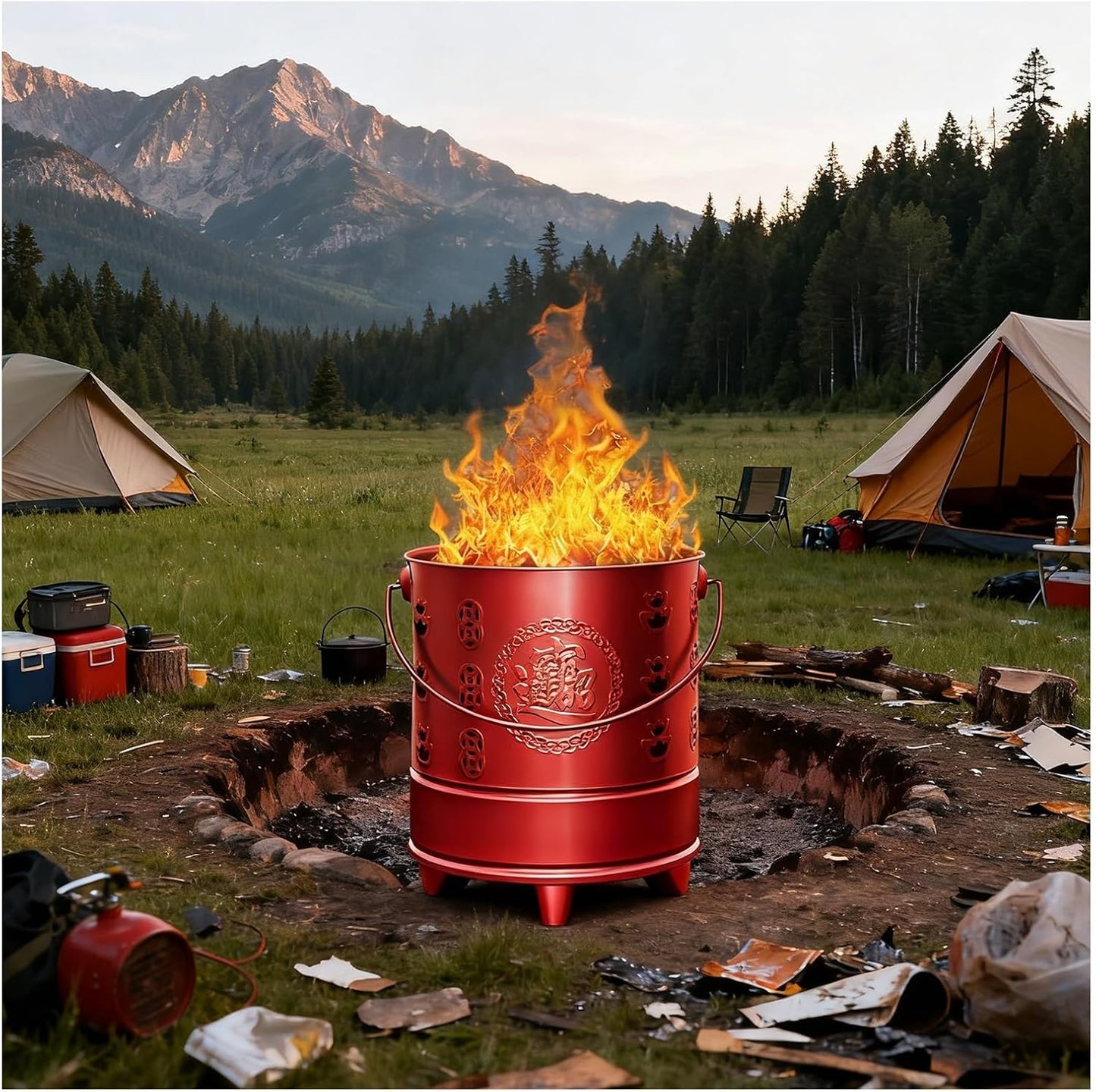 Stainless Steel Burning Barrel Portable Cremation Fire Pit Covered Incinerator with Tripod Base and Ventilation Hole Rust-Resistant Suitable for Outdoor Burning of Garbage and Leaves(Red,49x45cm)