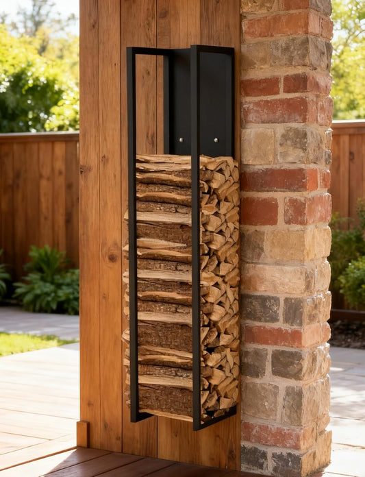 Metal Firewood Rack for Indoor-Outdoor Use, Decorative Black Firewood Holder Stand with Hanging Shelf for Fireplace 140cm Height