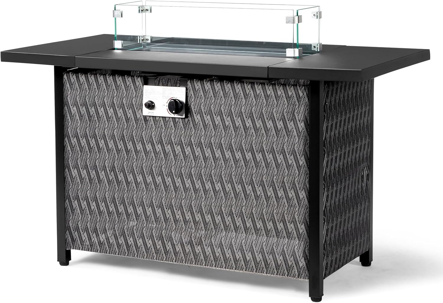 43-Inch Propane Fire Table Outdoor Gas Fire Pit with Waterproof Cover and Glass Wind Guard 50,000 Btu Patio Heater with Lava Rocks Rectangular Black Firepit Table for Outside Patio Dining