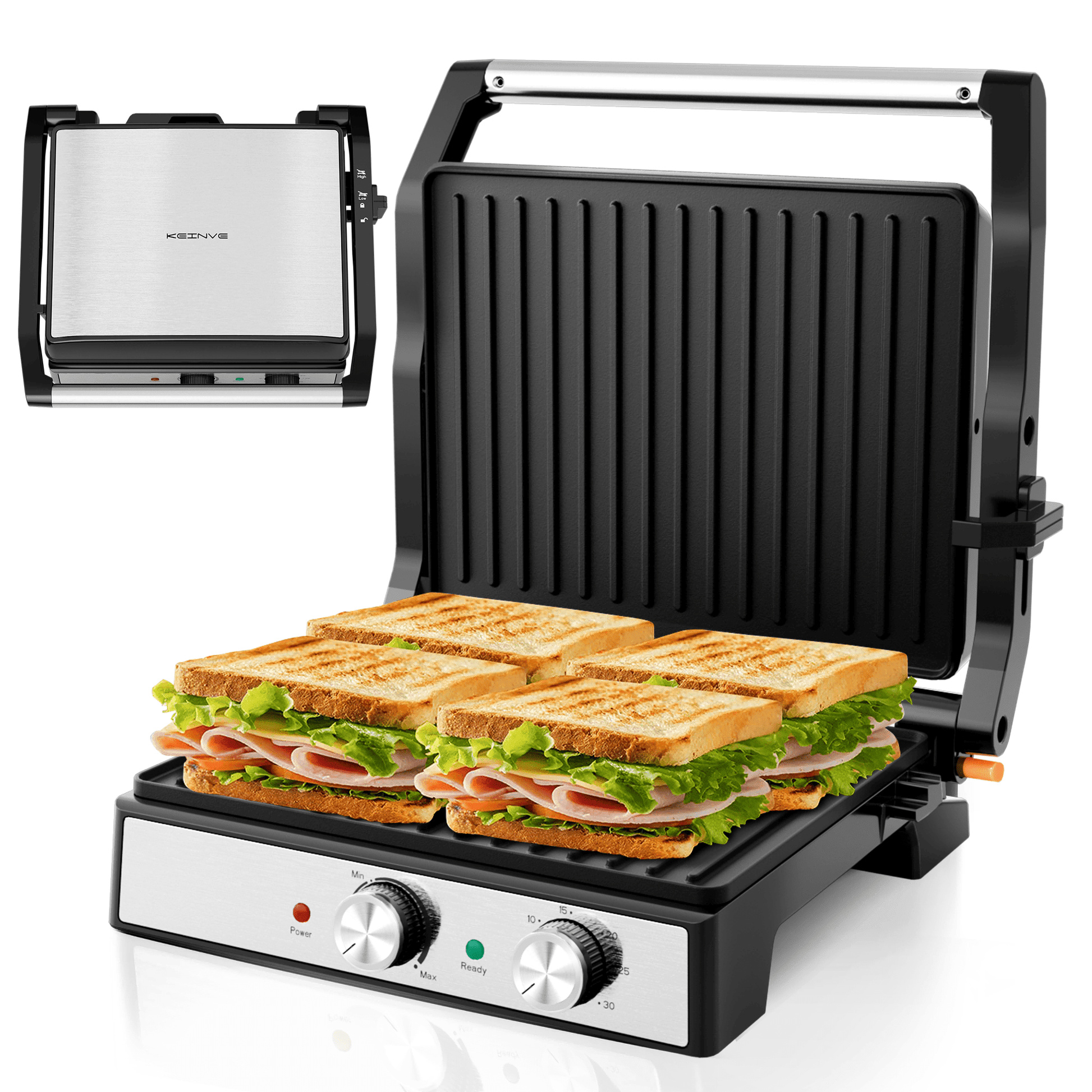 850W Panini Press Grill & Sandwich Maker, Non-Stick, 180° Adjustable for Any Food, Removable Drip Tray, Indoor Grill for Quesadillas, Burgers & More