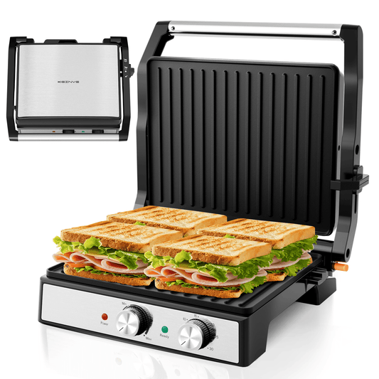 850W Panini Press Grill & Sandwich Maker, Non-Stick, 180° Adjustable for Any Food, Removable Drip Tray, Indoor Grill for Quesadillas, Burgers & More