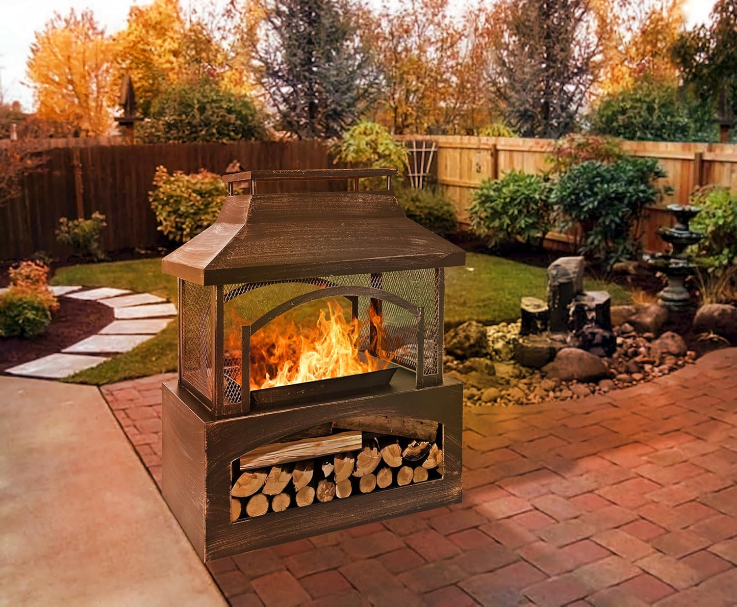 Durable 37" Outdoor Fire Pit with Chimney, Spark Screen & Log Storage - Brushed Bronze, Perfect for Garden & Patio Gatherings