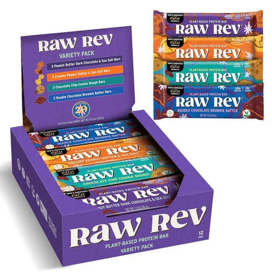 Raw Rev Vegan Protein Bars Variety Pack - 12 bars, Non-GMO, Plastic-Neutral, Nothing Artificial, Glo Formula, Gluten-Free, Keto-Friendly, Paleo, Kosher, No Sugar Alcohols, No Stevia