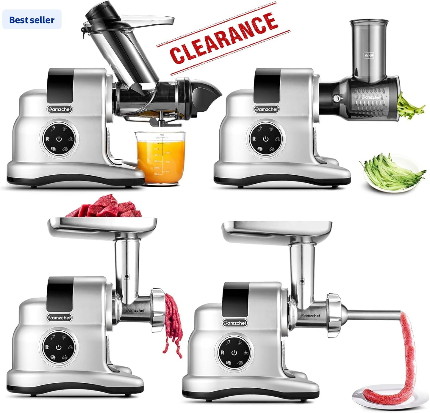 Amzchef 2-Speed Masticating Juicer, Vegetable Extractor with Meat Grinder, Snow Cone Maker Function(Grey)