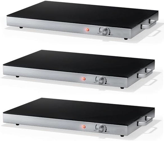 ARLIME 3 Pcs Electric Warming Tray, 22" x 14" Hot Plate Warmer w/Adjustable Temperature Control, Tempered Glass Top, Cool-Touch Handles, Food Warmer Tray for Gathering Parties, Buffet (3)