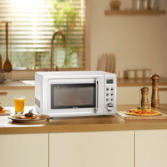 ARLIME Small Microwave, 0.7Cu.ft 700 Watt Countertop Microwave with 5 Micro Power Defrost & Auto Cooking Function, Stainless Steel Interior, LED Display, Retro Microwave for Kitchen, RV, Dorm (White)