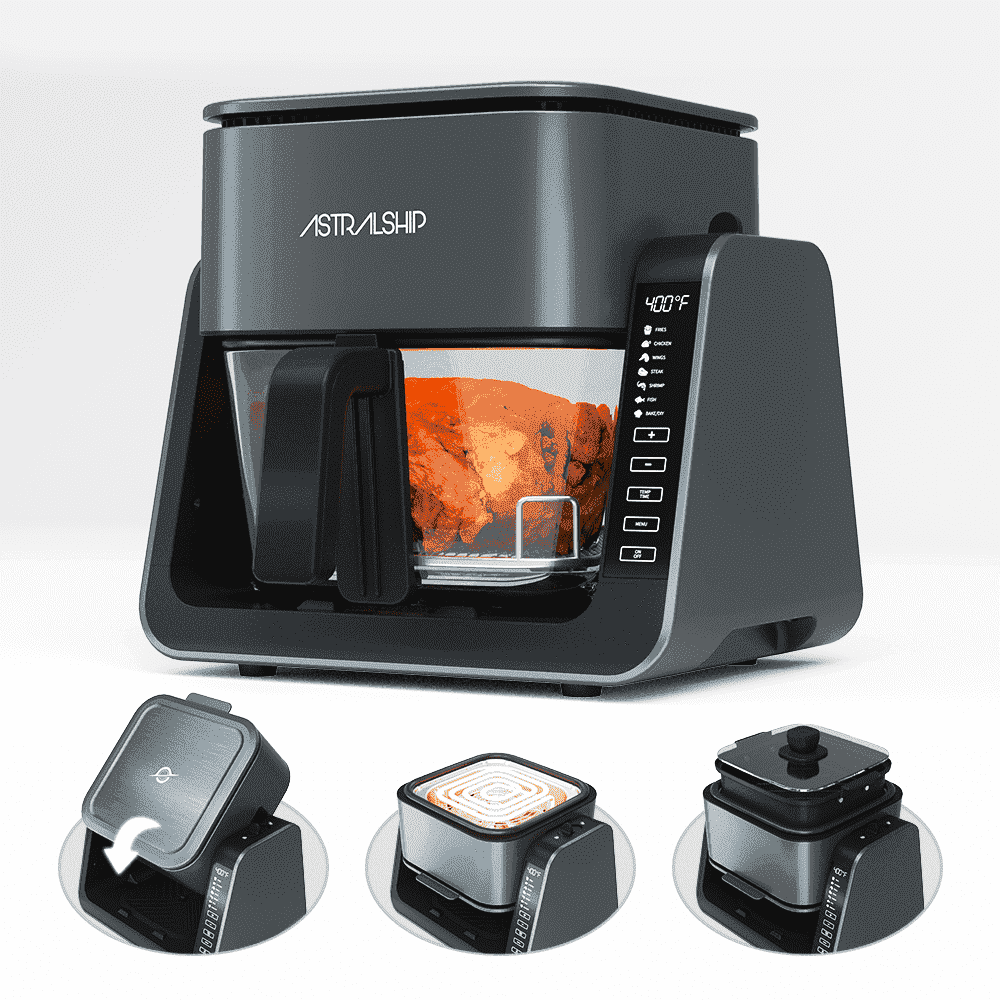 Glass Air Fryer for Countertop, 2‑in‑1 Glass Air Fryer & Grill Pan Combo, 4.2 QT + 1.3 QT, Air Fryer Non Toxic, Digital Presets, Healthy Cooking, Non‑Stick, Multi‑Function for Griddle & Baking