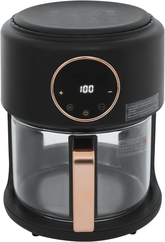 Air Fryer, 3.8Qt 1200W Glass Air Fryer, 8-in-1 Smart Compact Airfryer with Digital Display, 360° Viewable, 176℉-392℉ Adjustable Temperature, 60 Min Timer, Glass Pot Dishwasher Safe, Black