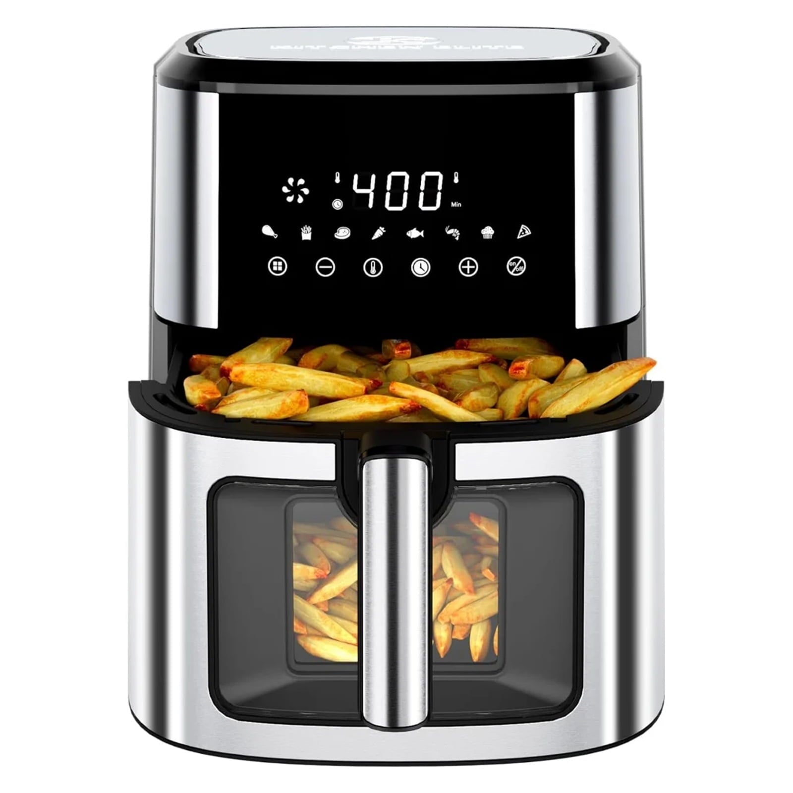 Air Fryer Stainless Steel with View Window, XL 8.5QT Large Airfryer, 8-in-1 Digital Control, 400°F Temp Controls, Nonstick