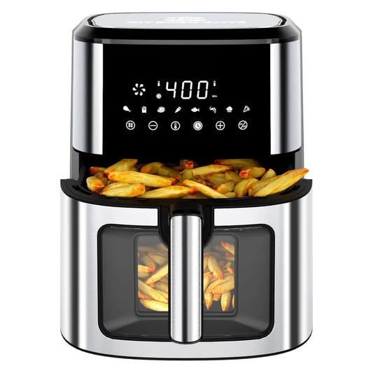 Air Fryer Stainless Steel with View Window, XL 8.5QT Large Airfryer, 8-in-1 Digital Control, 400°F Temp Controls, Nonstick