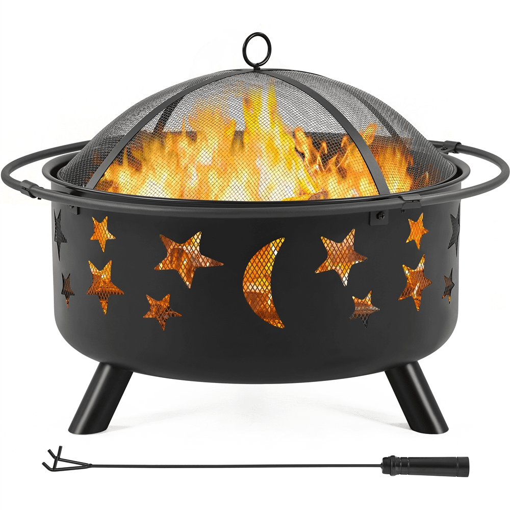 Alden Design Iron Fire Pit with Poker Mesh Cover for BBQ Backyard Patio, Black