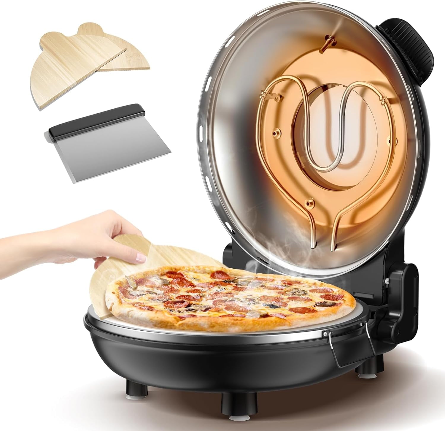 Amzmoon Pizza Oven Indoor Portable, 12 Inch Countertop Indoor Pizza Oven, Pizza Maker Machine For Home, Pizza Cooker with Timer And Temperatures Control Mini Smart, Black, CZP-12SWT