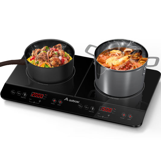 Aobosi Double Induction Cooktop Burner, 1800w 2 burner Induction Cooker Cooktop, 10 Temperature 9 Power Settings Portable Electric Countertop Burner Touch Stove with Child Safety Lock & Timer