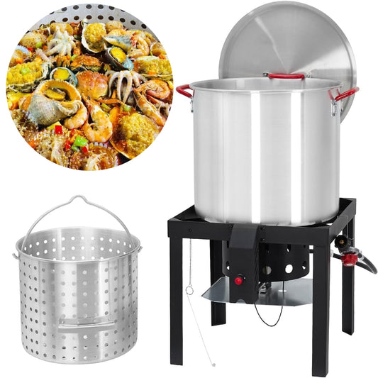 Aoile 100 Qt Seafood Boil Pot with Basket & Burner, 110000 BTU Propane Jet Burner & Lifting Hook with 10 Psi Regulator for Outdoor Cooking, Silver & Black