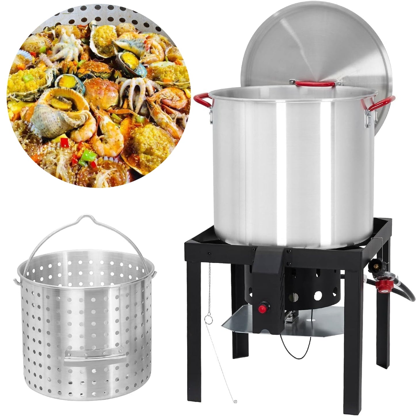 Aoile 100 Qt Seafood Boil Pot with Basket & Burner, 110000 BTU Propane Jet Burner & Lifting Hook with 10 Psi Regulator for Outdoor Cooking, Silver & Black