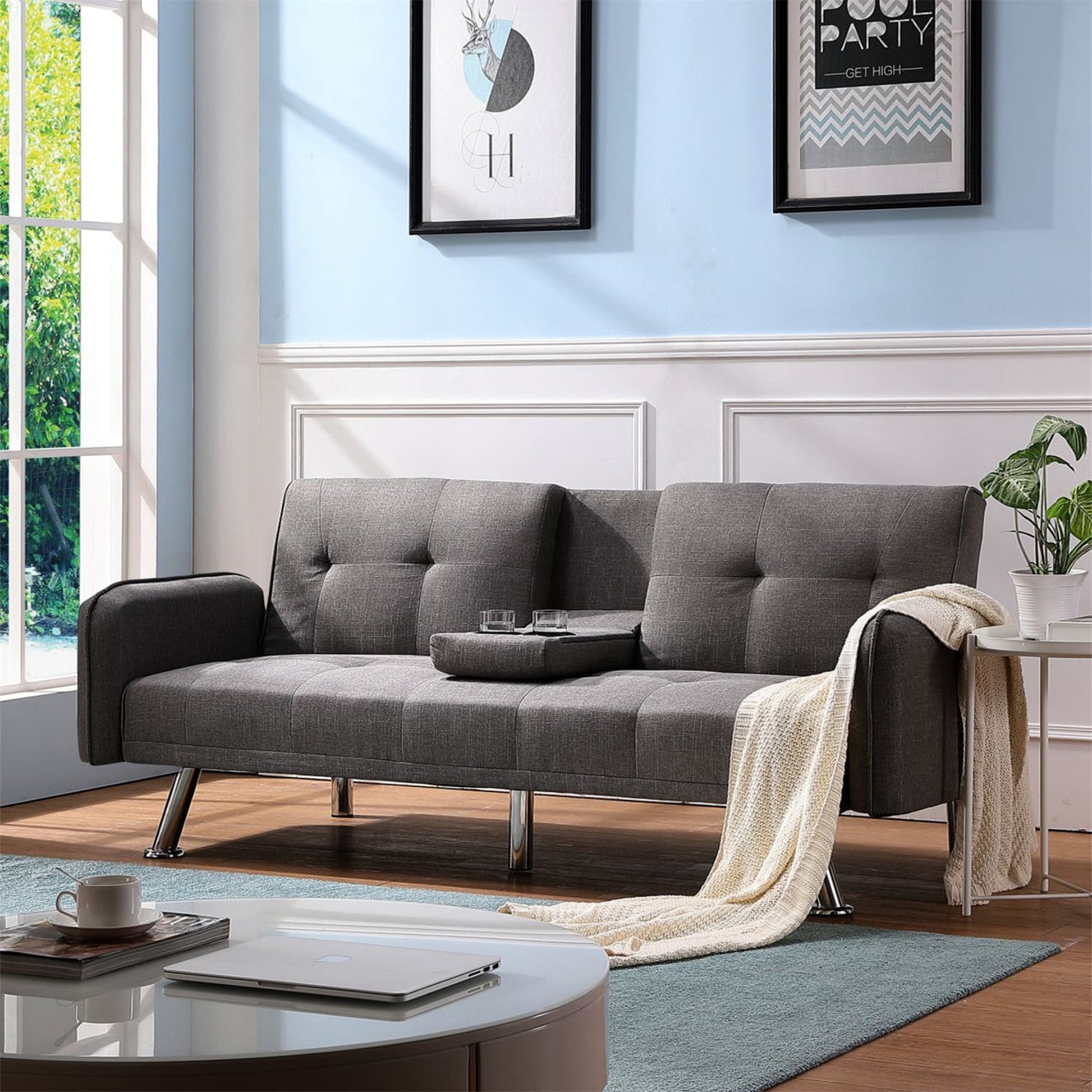 Aukfa 75" Square Arm Futon Convertible Sofa Bed for Home Office, 2 Cup Holders, Linen, Dark Gray