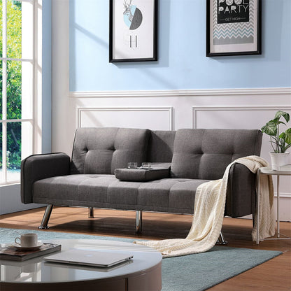 Aukfa 75" Square Arm Futon Convertible Sofa Bed for Home Office, 2 Cup Holders, Linen, Dark Gray