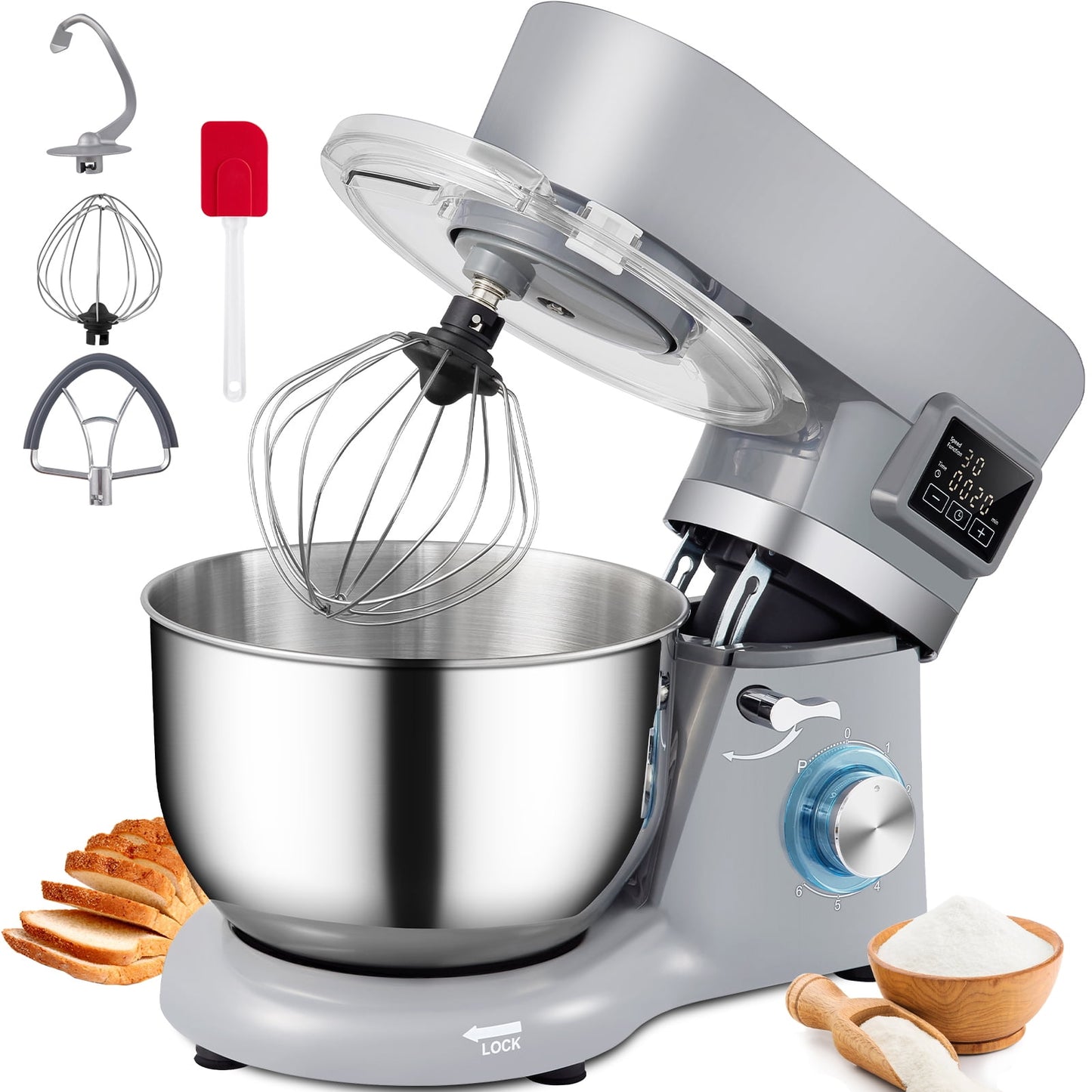 BENTISM 5.8 qt Stand Mixer, Classic Gray with Hook, Beater, Whisk