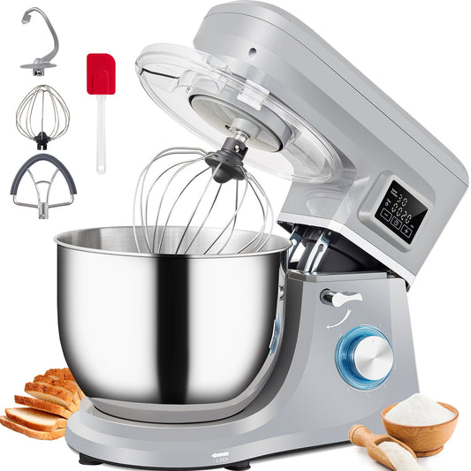 BENTISM LCD Screen Timing 7.4 qt Stand Mixer, Classic Gray with Dough Hook, Flat Beater, Whisk