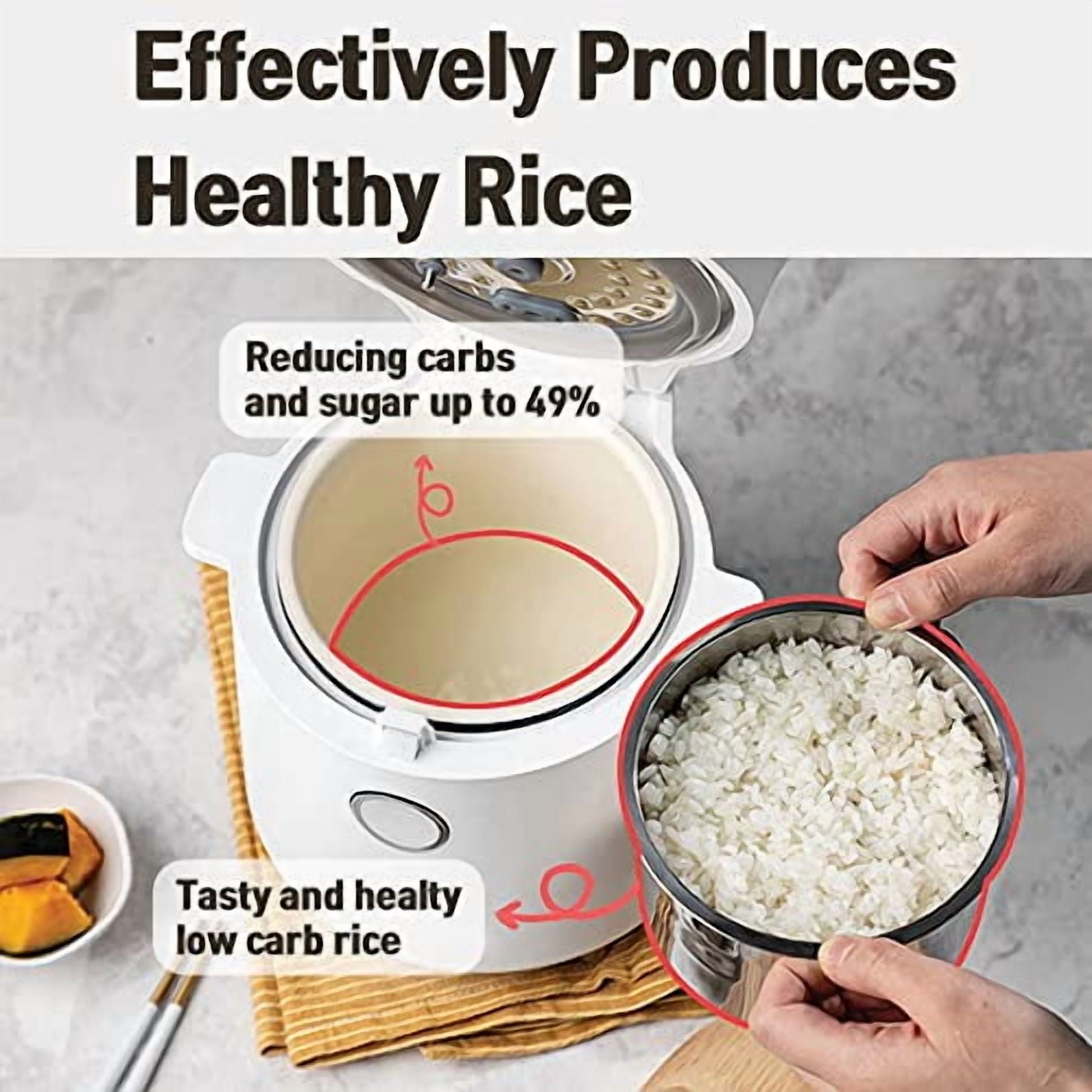 Banu Mini Low Carb Rice Cooker Japanese Low Carb Rice Cooker 3 Cups (white rice), 1 Cup (Low carb rice) Uncooked with Stainless Steel Steamer, Rice Maker Low Sugar Rice Function, 2
