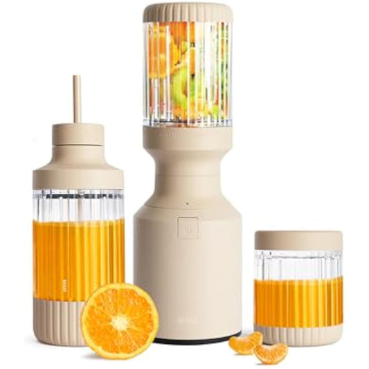 The Beast Mini Blender Plus | Mini Countertop Kitchen Blender | Blend Smoothies and Shakes, Dressings, Sauces, Dips | Extra Vessels, Straw Cap and Straws Included | 600W (Sand)