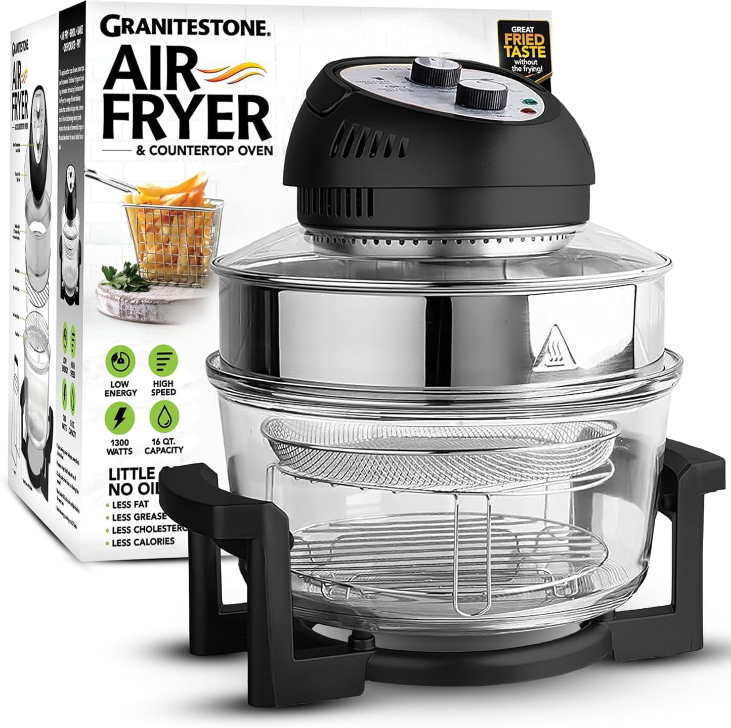 GraniteStone Air Fryer Toaster Oven Combo 16Qt Kitchen Countertop Convection Rotisserie 1300W Large Glass Bowl, White